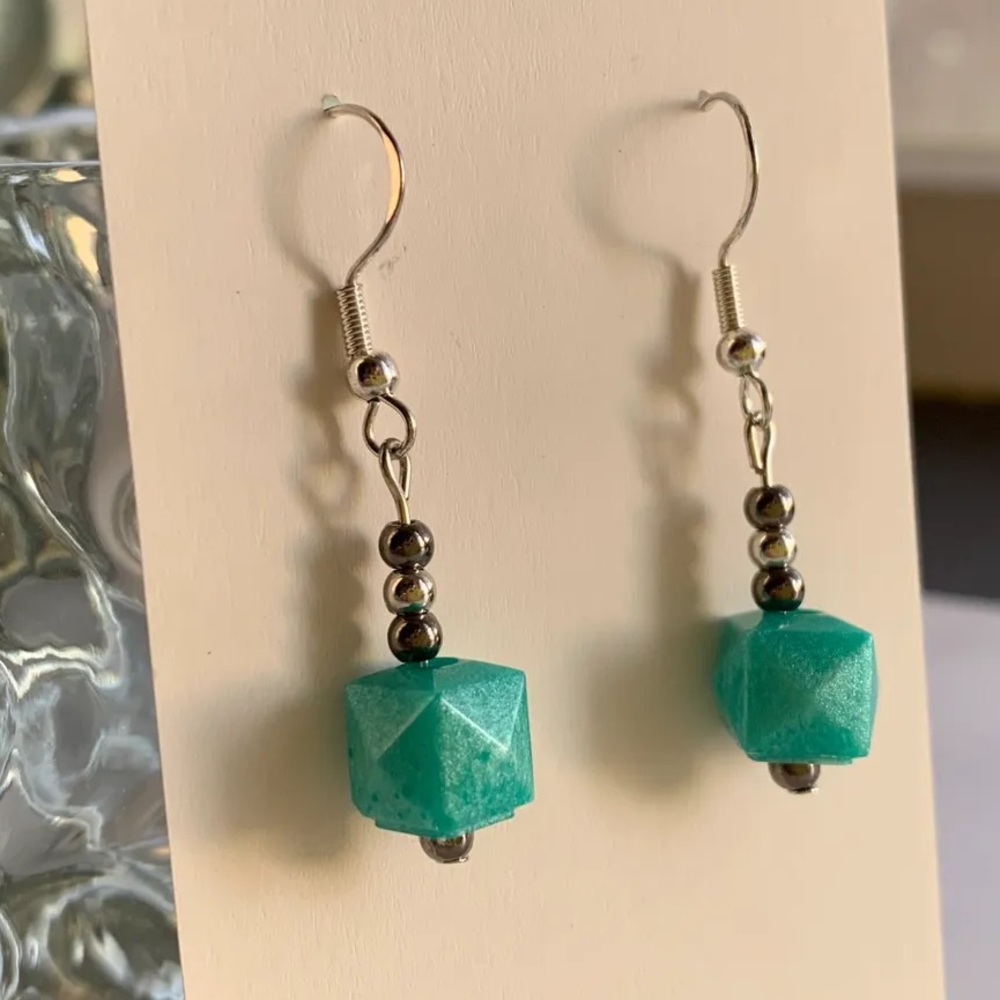 Shimmery teal/green drop earrings